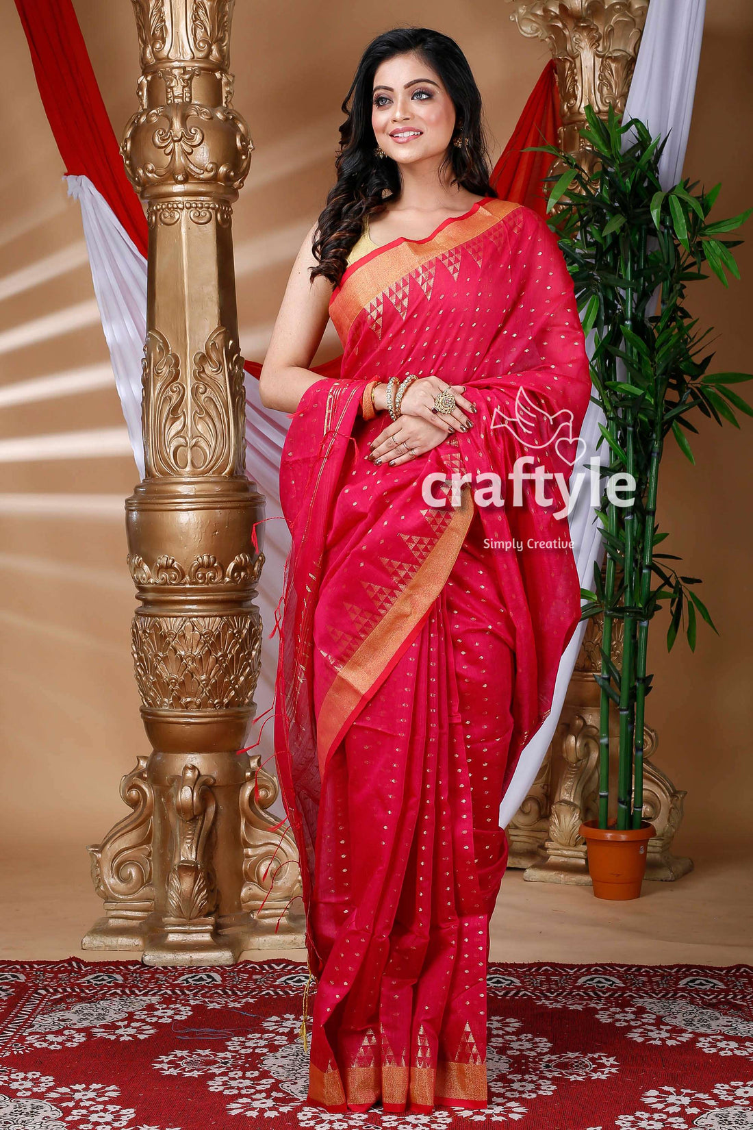 Rani Pink with Golden Buta Handloom Cotton Saree-Craftyle