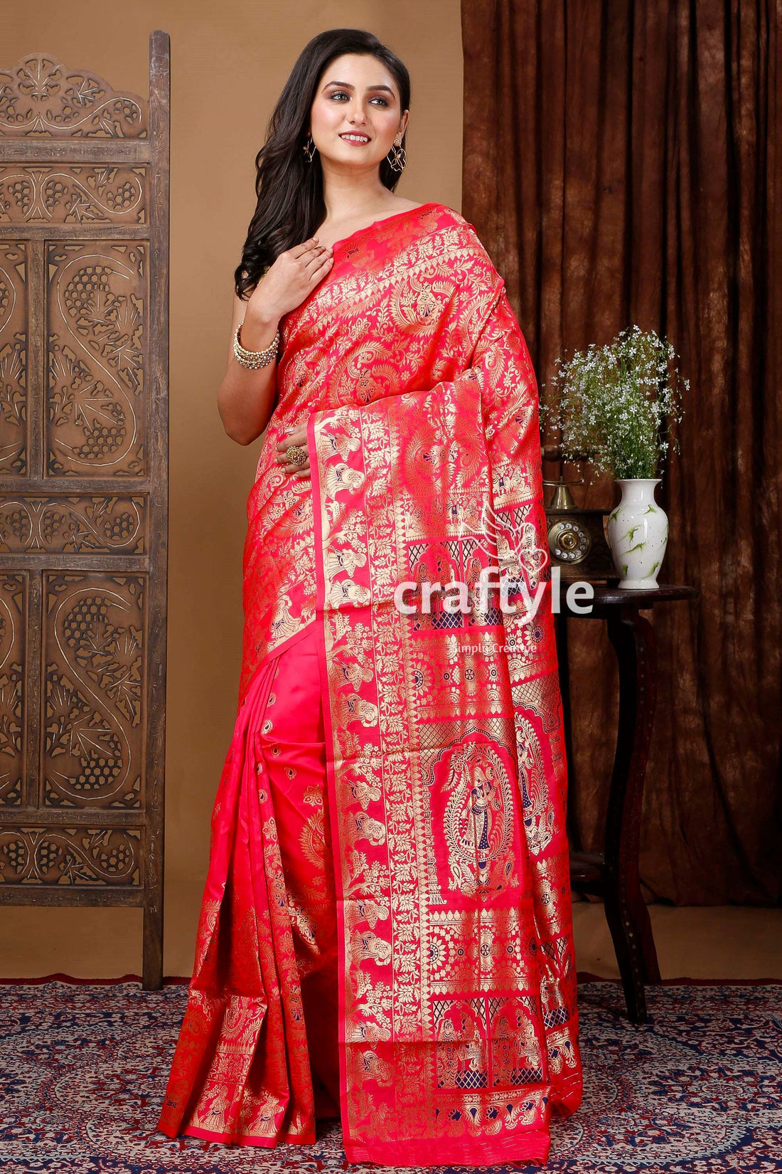 Raspberry Red Swarnachari Soft Silk Saree with Golden Zari and Meena Work - Craftyle