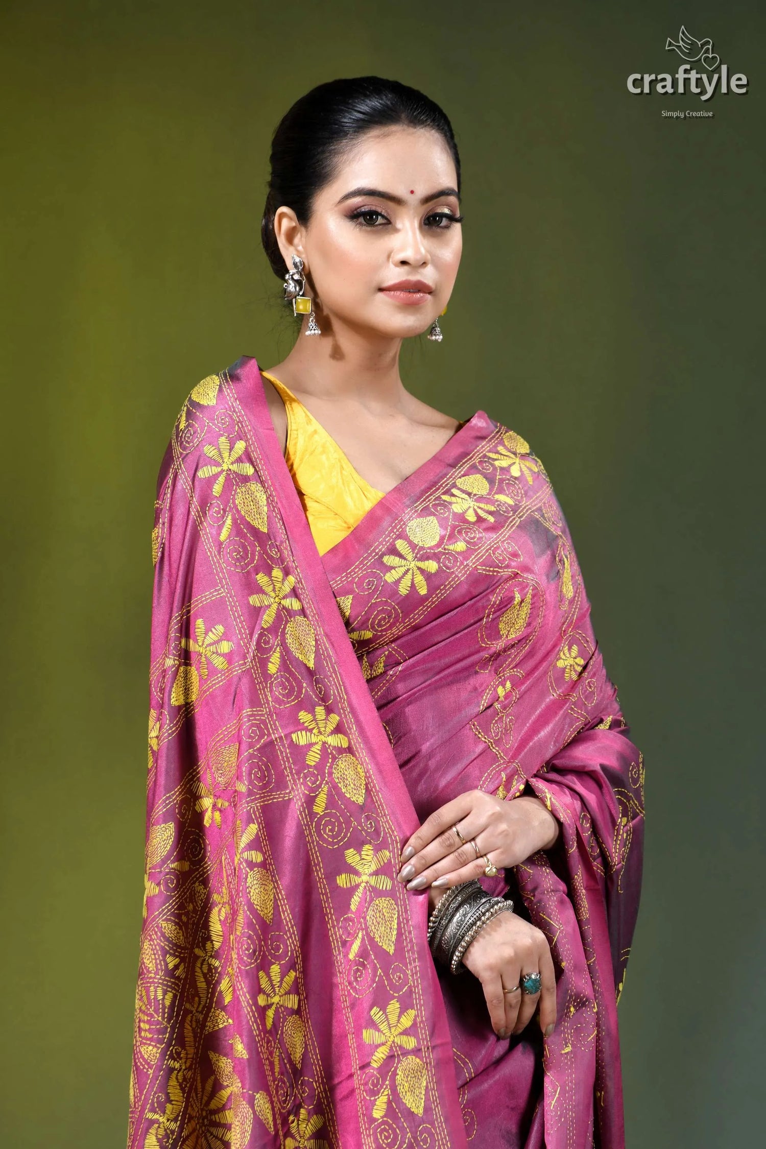 Raspberry rose floral hand embroidered premium silk kantha saree vibrant magenta saree intricate golden 2