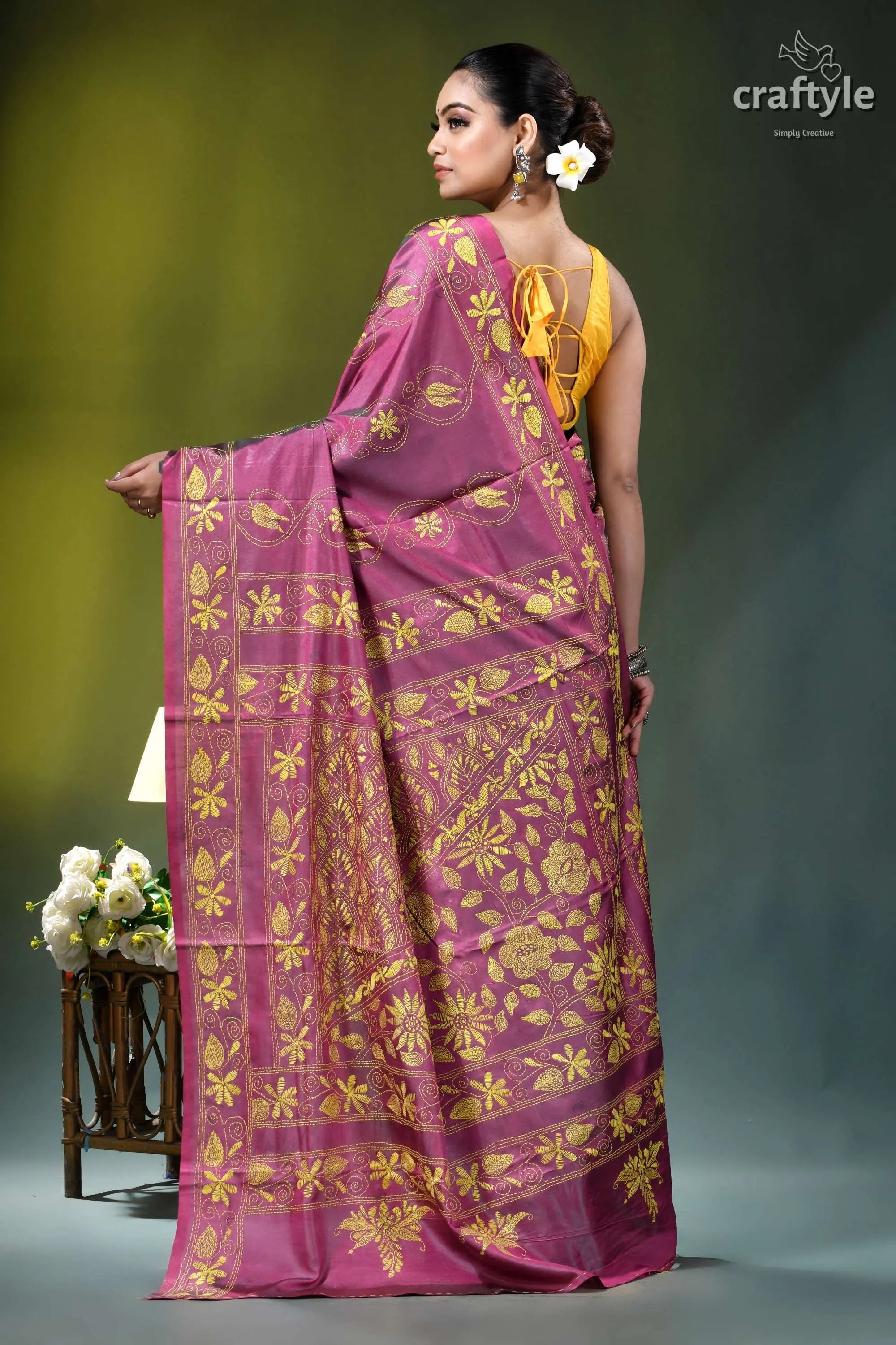 Raspberry rose floral hand embroidered premium silk kantha saree vibrant magenta saree intricate golden 5