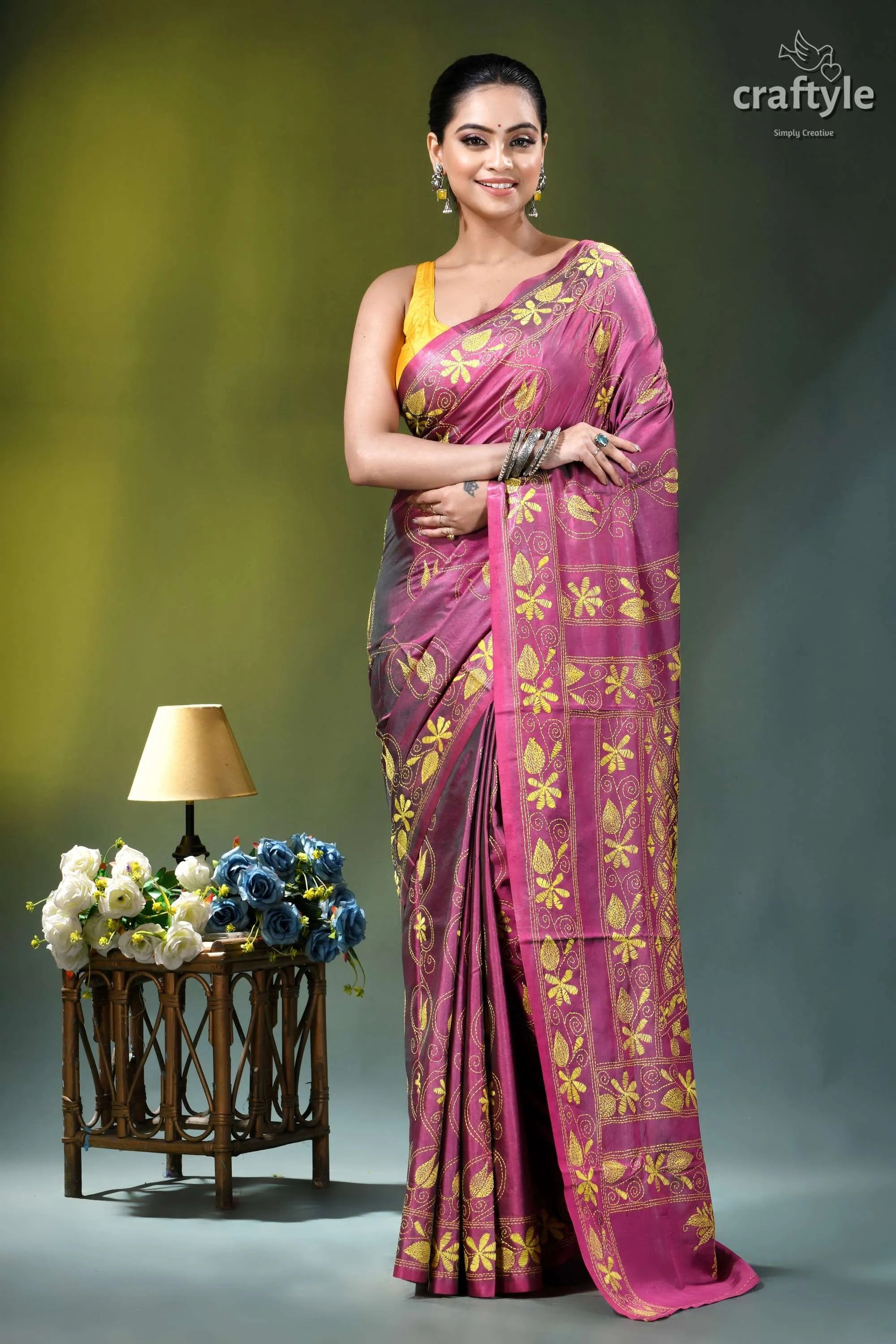 Raspberry rose floral hand embroidered premium silk kantha saree woman wears vibrant magenta saree 1