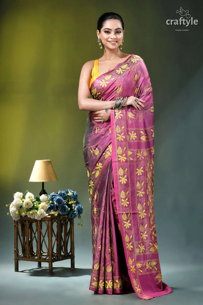 Raspberry rose floral hand embroidered premium silk kantha saree woman wears vibrant magenta saree 1