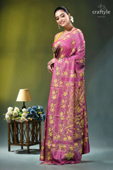 Raspberry rose floral hand embroidered premium silk kantha saree woman wears vibrant pink saree 3
