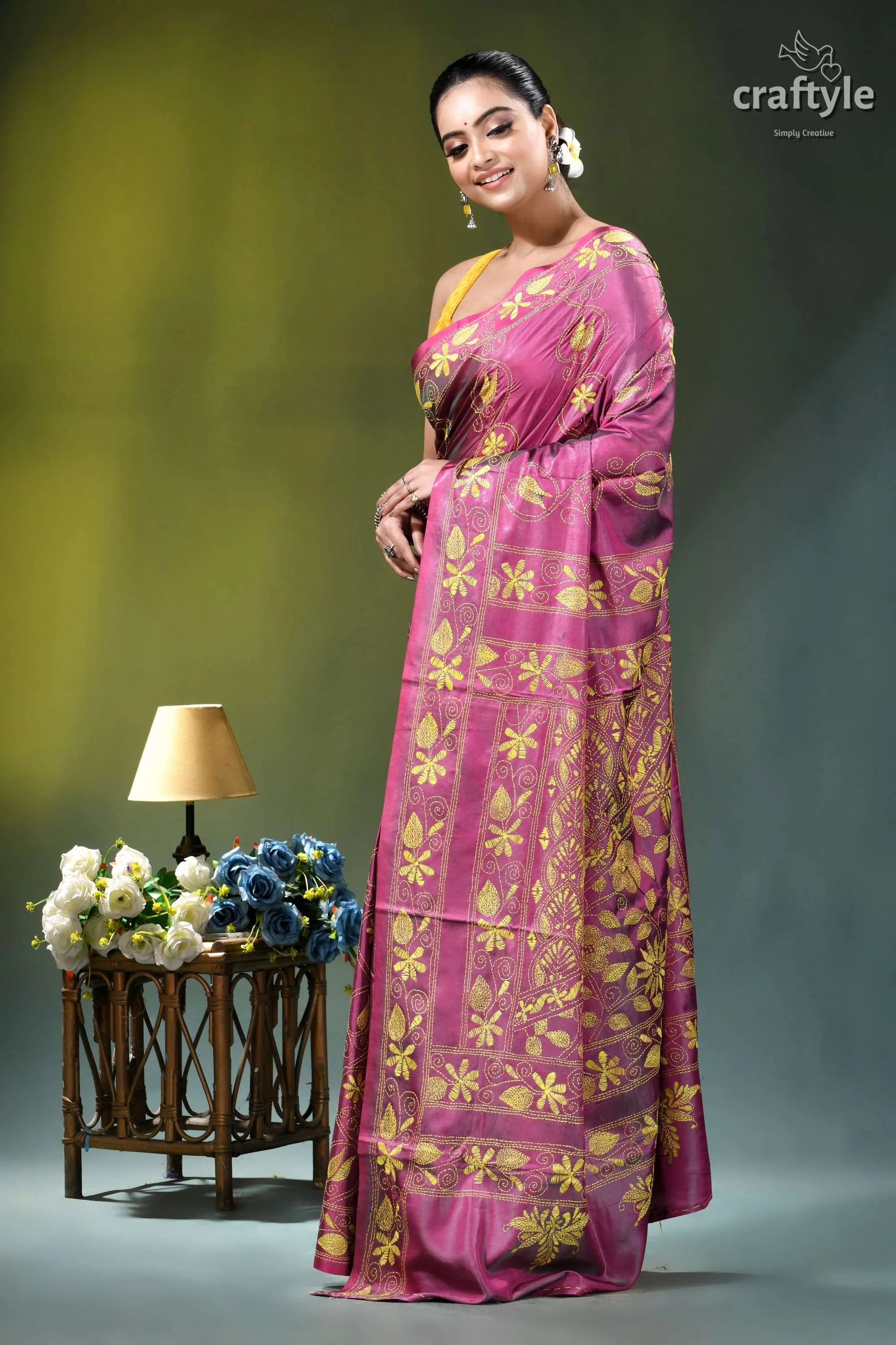 Raspberry rose floral hand embroidered premium silk kantha saree woman wears vibrant pink saree 3