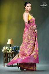 Raspberry rose floral hand embroidered premium silk kantha saree vibrant pink saree intricate golden 4