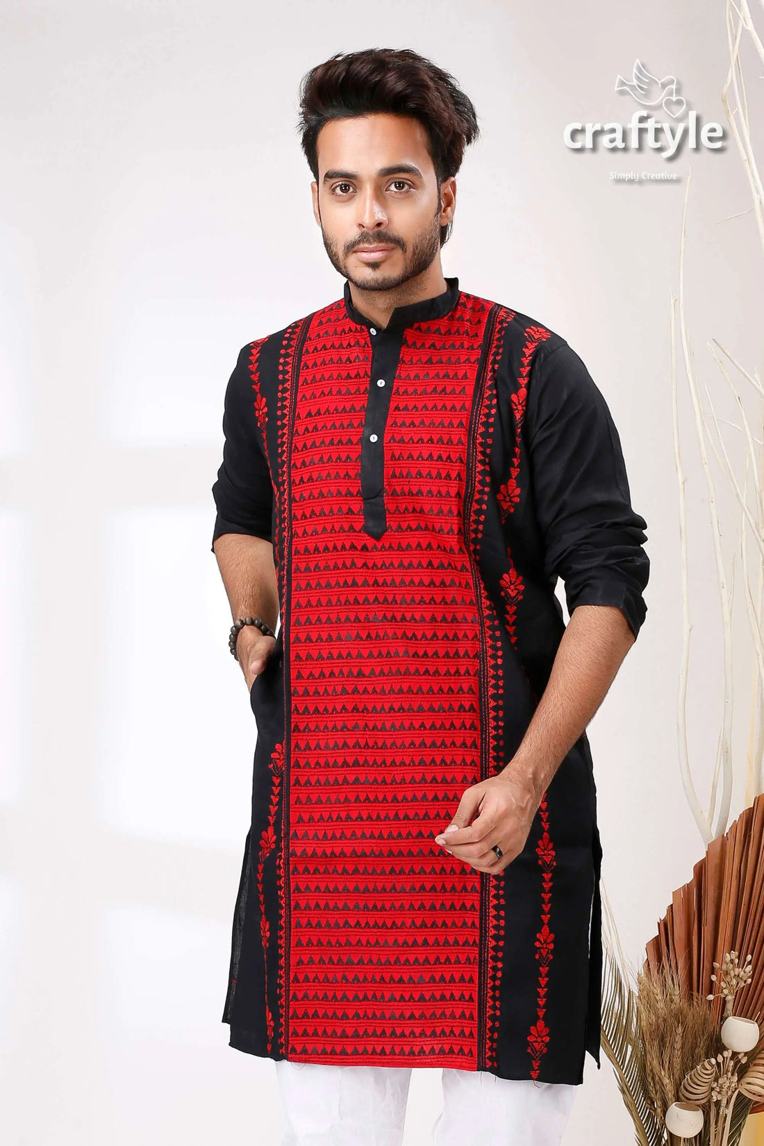 Raven black and red kantha stitch cotton kurta for men black red embroidered kurta 2