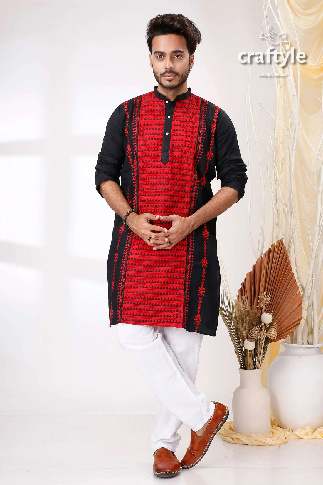 Raven black and red kantha stitch cotton kurta for men man red black embroidered kurta 1