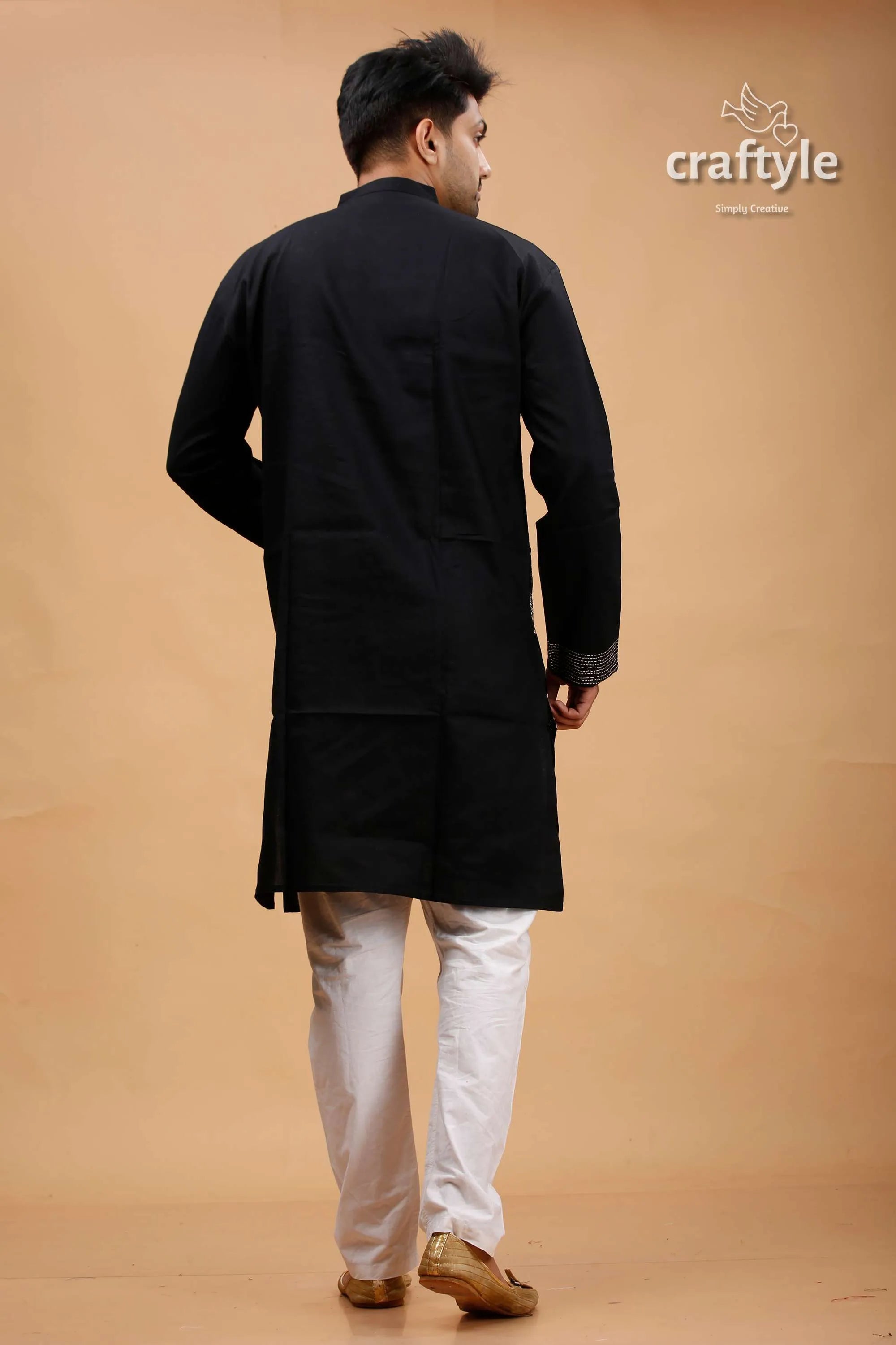 Raven black beige thread hand kantha cotton kurta for men traditional indian subtle 5