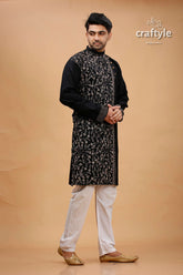 Raven black beige thread hand kantha cotton kurta for men embroidered intricate white 4