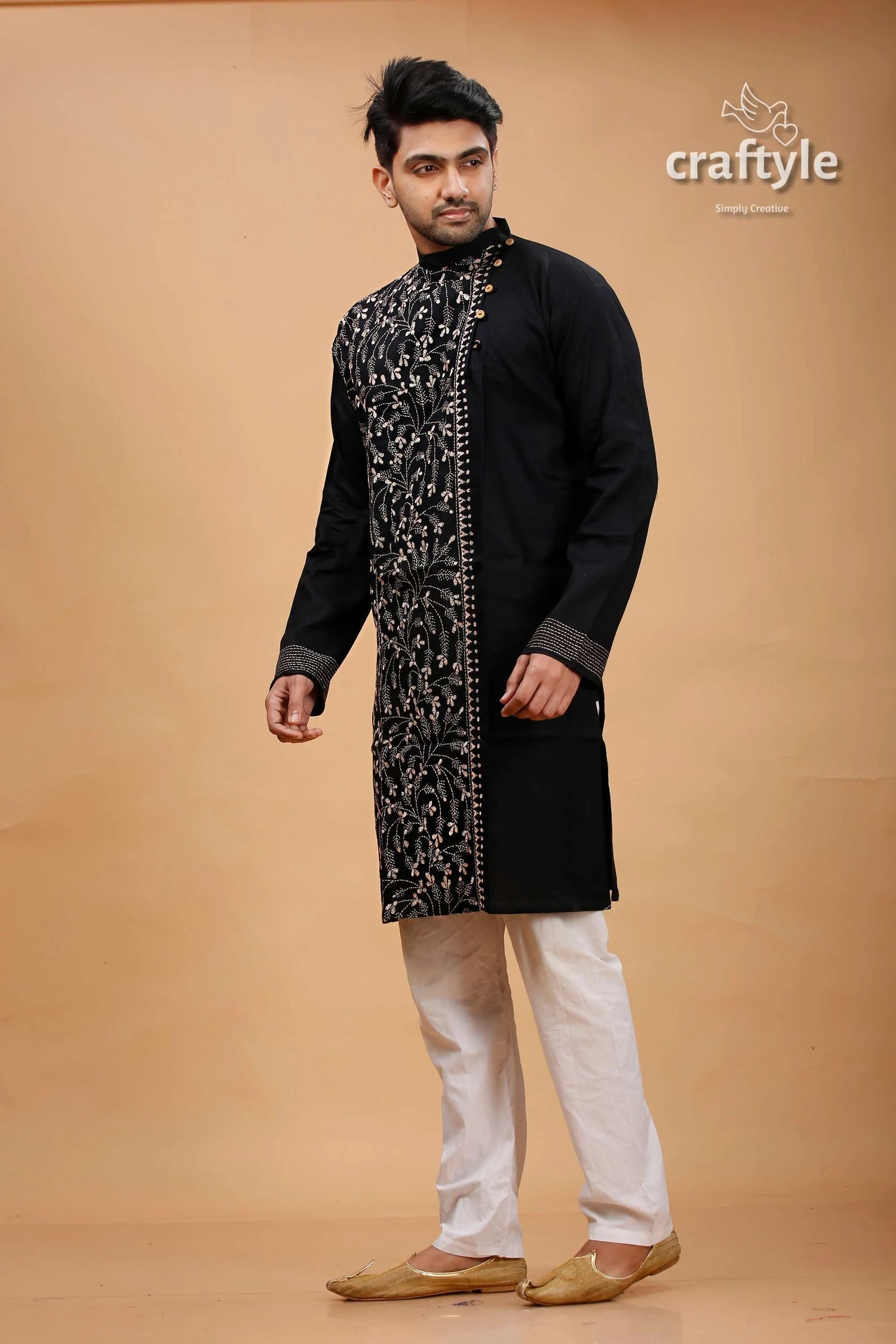 Raven black beige thread hand kantha cotton kurta for men embroidered intricate white 3
