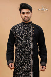 Raven black beige thread hand kantha cotton kurta for men embroidered intricate white 2