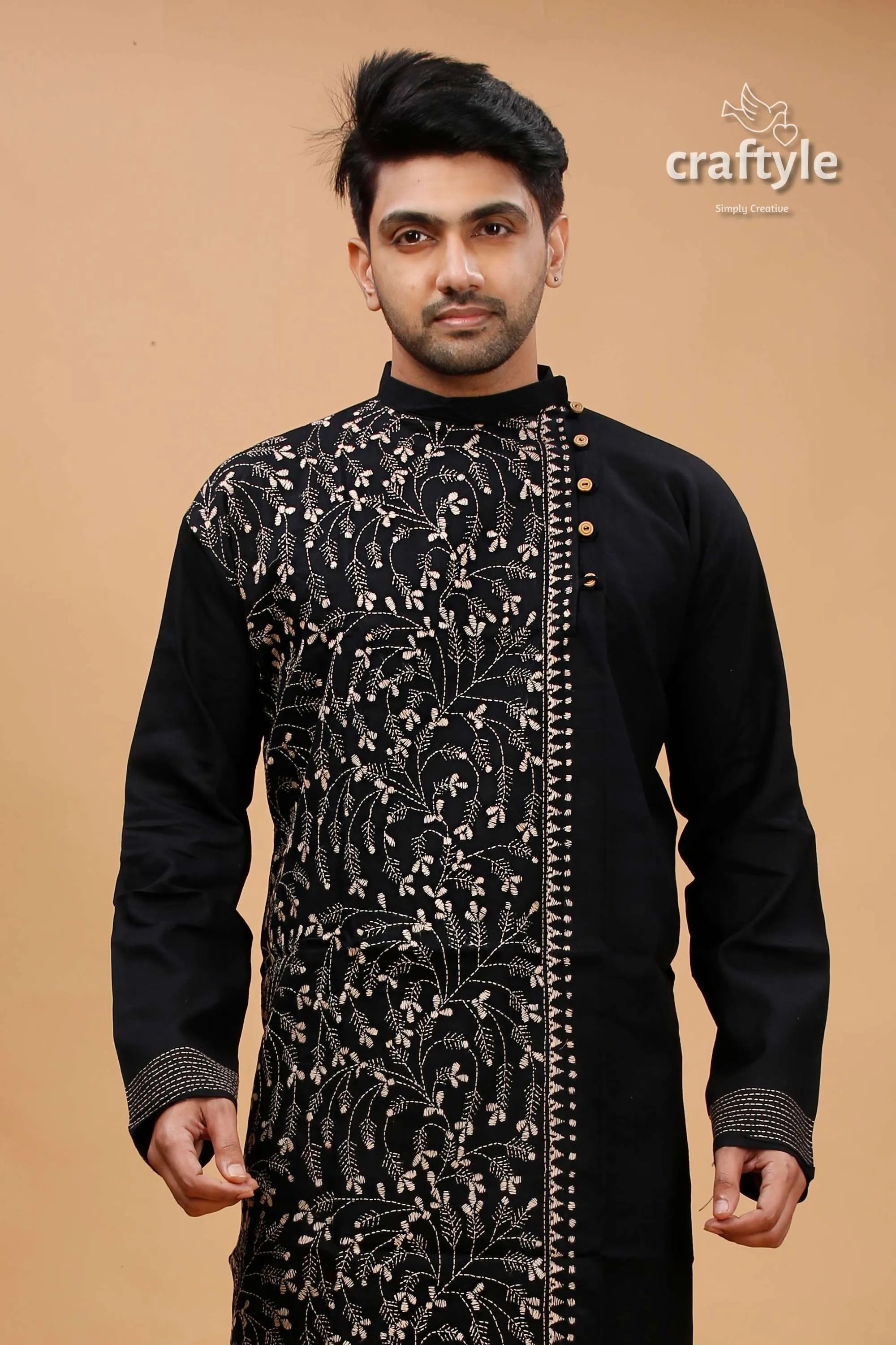 Raven black beige thread hand kantha cotton kurta for men embroidered intricate white 2