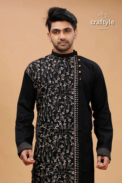 Raven black beige thread hand kantha cotton kurta for men embroidered intricate white 2