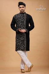 Raven black beige thread hand kantha cotton kurta for men embroidered intricate white 1