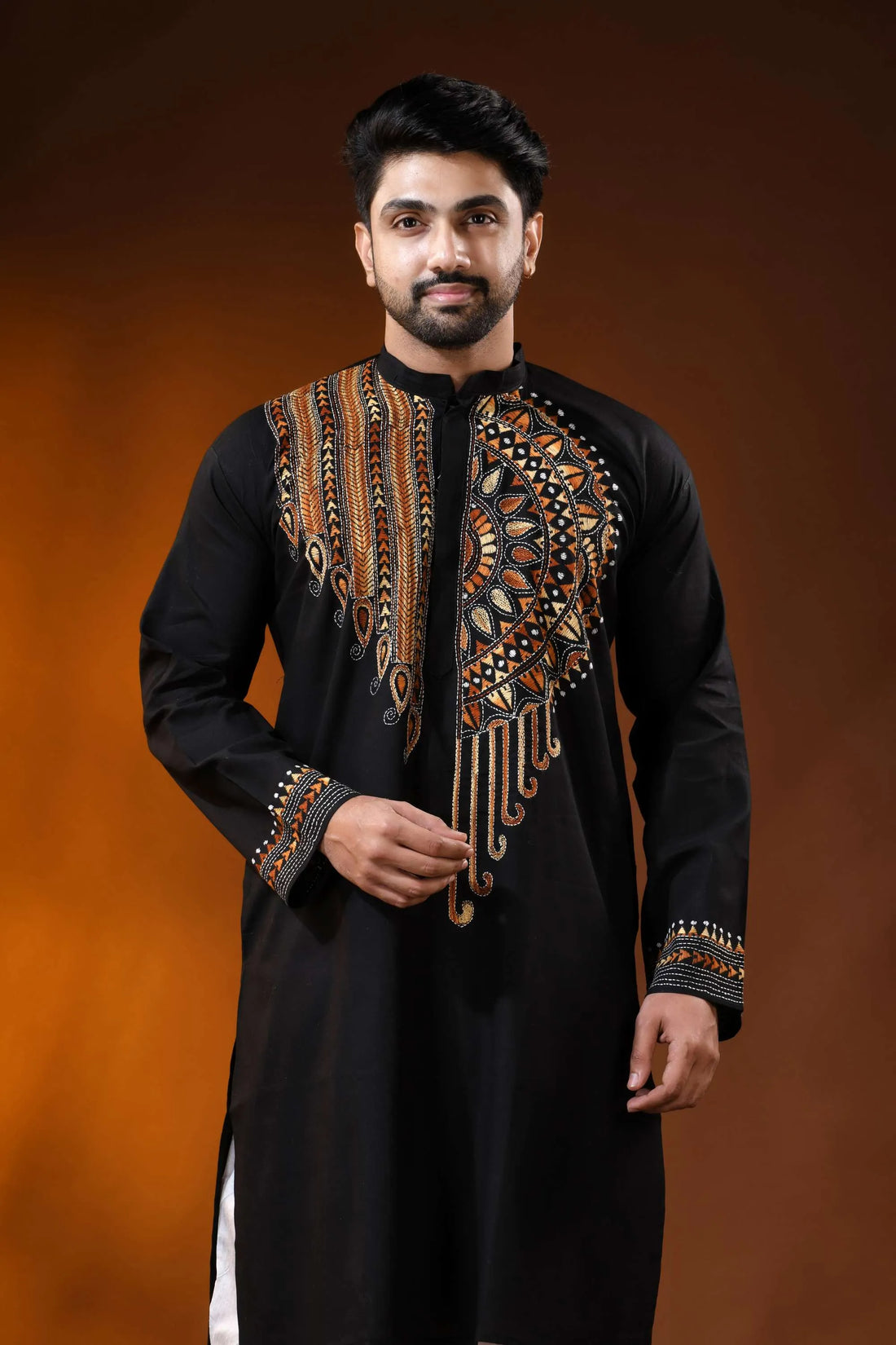 Raven black cotton punjabi with handcrafted ethnic kantha embroidery 2