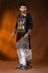 Raven black cotton punjabi with kantha stitch applique & hand paint 3