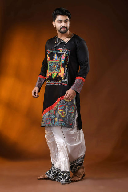 Raven black cotton punjabi with kantha stitch applique &amp; hand paint 3