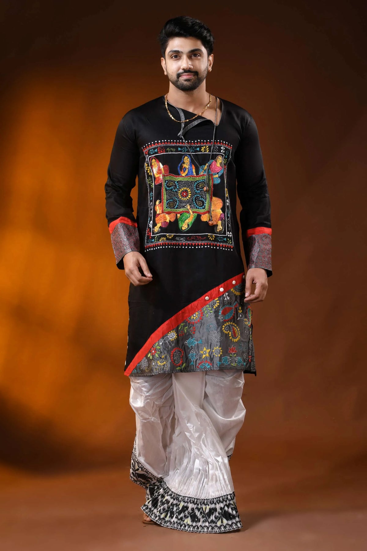 Raven black cotton punjabi with kantha stitch applique &amp; hand paint 1