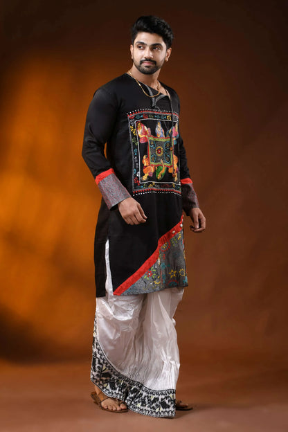 Raven black cotton punjabi with kantha stitch applique &amp; hand paint 4