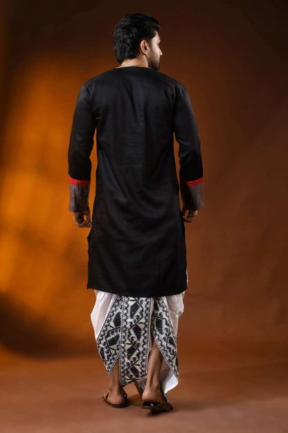 Raven black cotton punjabi with kantha stitch applique &amp; hand paint 5