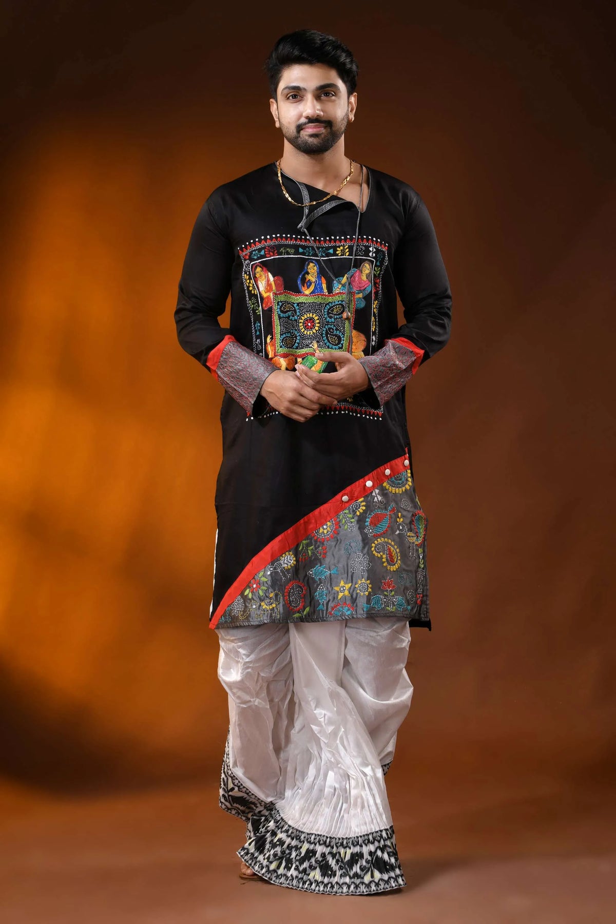 Raven black cotton punjabi with kantha stitch applique &amp; hand paint 6