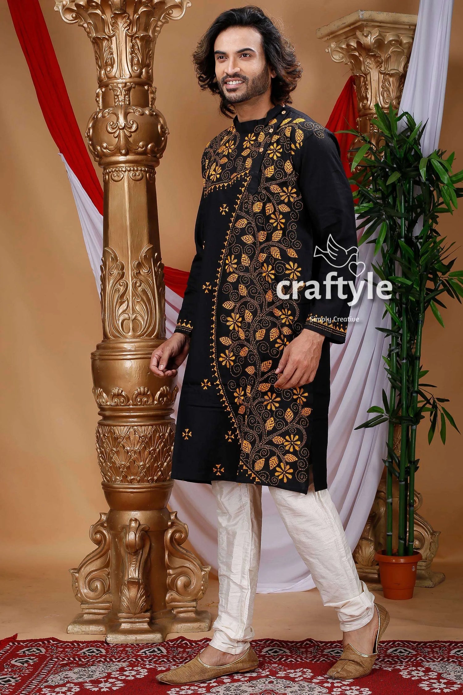 Raven black floral kantha work cotton punjabi for men embroidered kurta intricate gold 3
