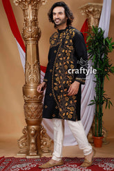 Raven black floral kantha work cotton punjabi for men embroidered kurta intricate gold 3