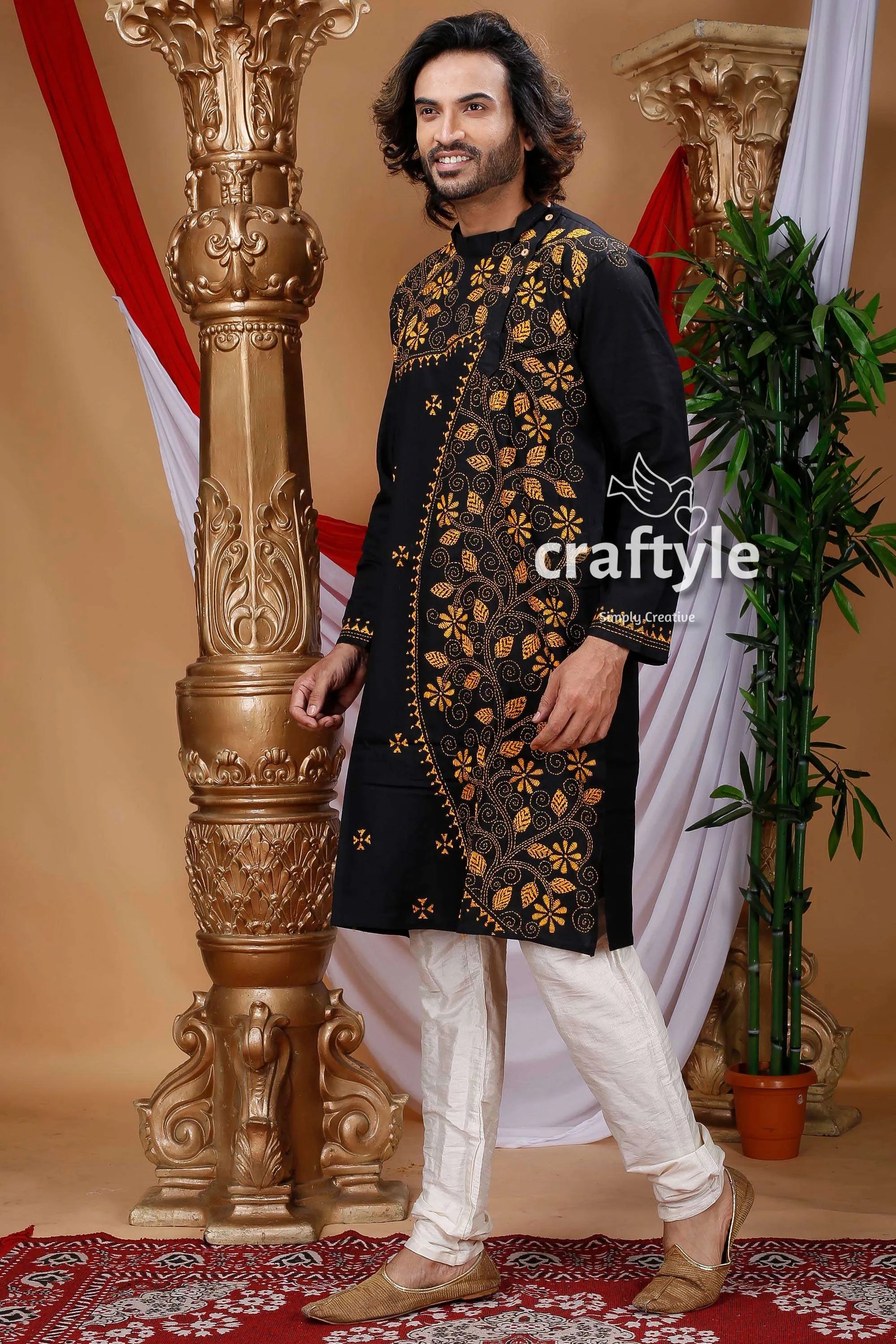Raven black floral kantha work cotton punjabi for men embroidered kurta intricate gold 3