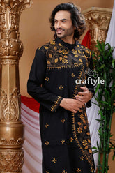Raven black floral kantha work cotton punjabi for men kurta intricate gold embroidery 2