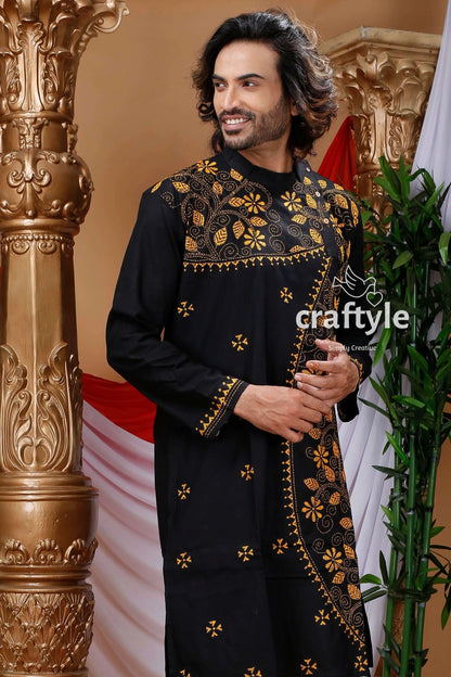 Raven black floral kantha work cotton punjabi for men kurta intricate gold embroidery 2