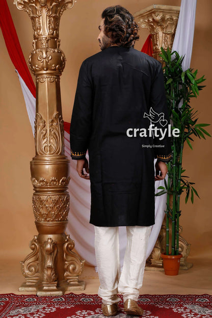 Raven black floral kantha work cotton punjabi for men traditional kurta gold embroidery 4