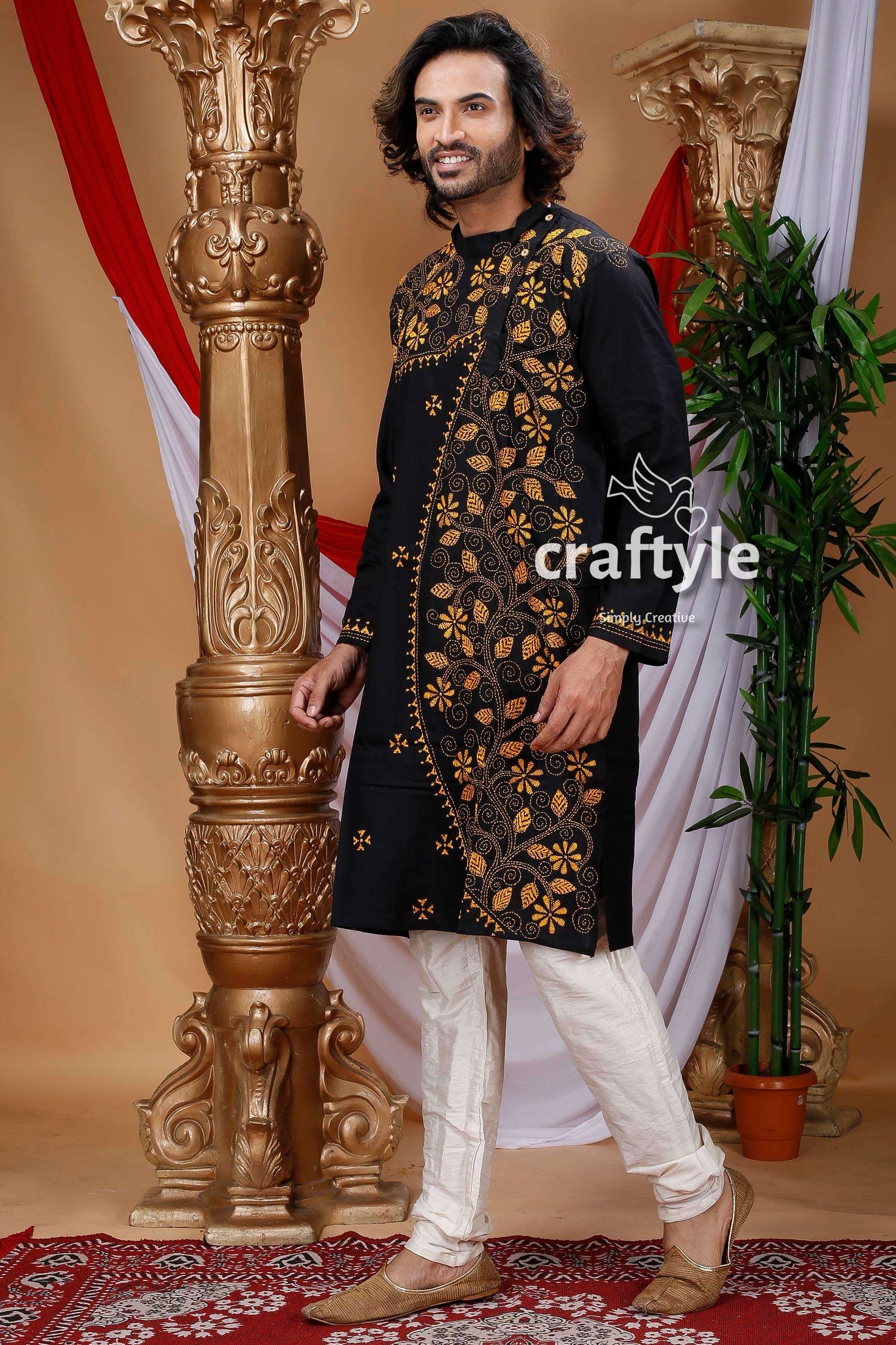 Raven Black Floral Kantha Work Cotton Punjabi for Men - Craftyle