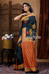 Raven Black Hand Block Design Pure Mulberry Silk Saree - Craftyle