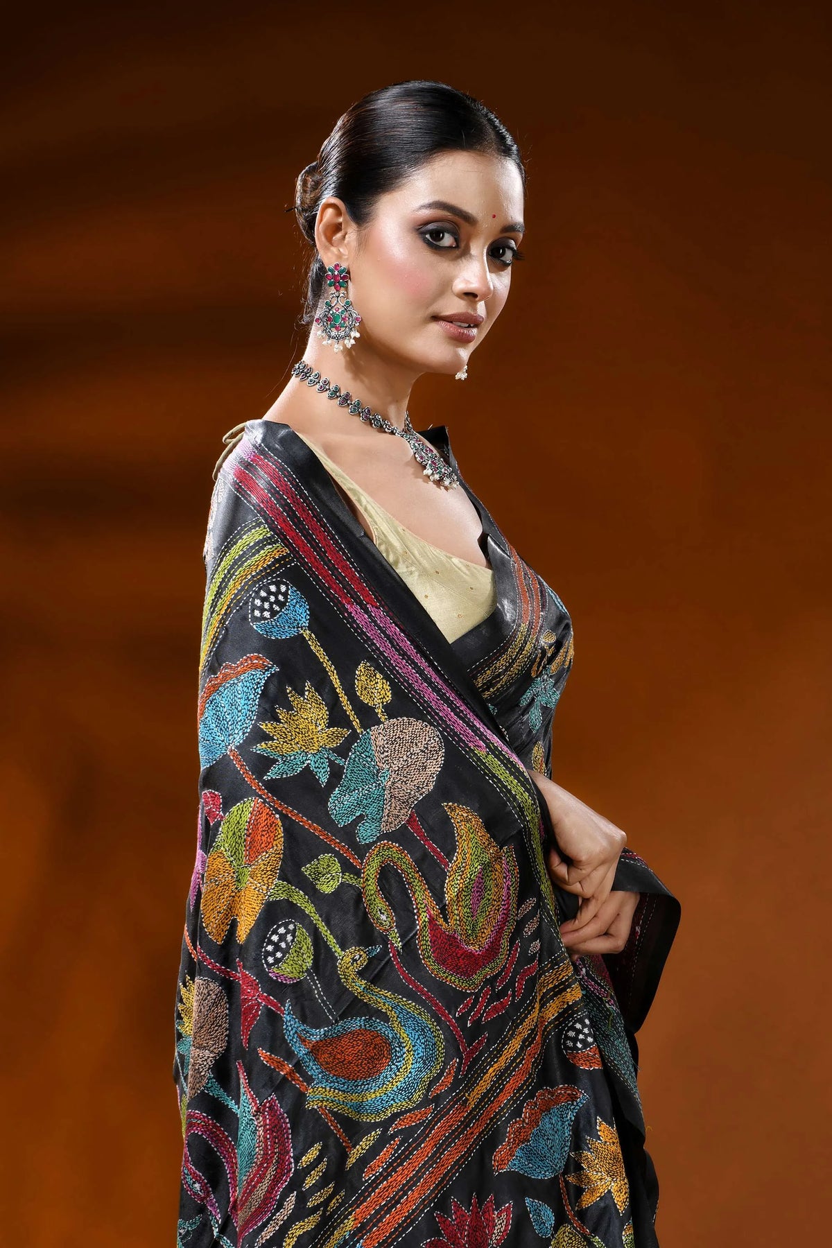Raven black hand embroidered silk kantha saree with swan nature theme 2