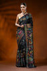 Raven black hand embroidered silk kantha saree with swan nature theme 1