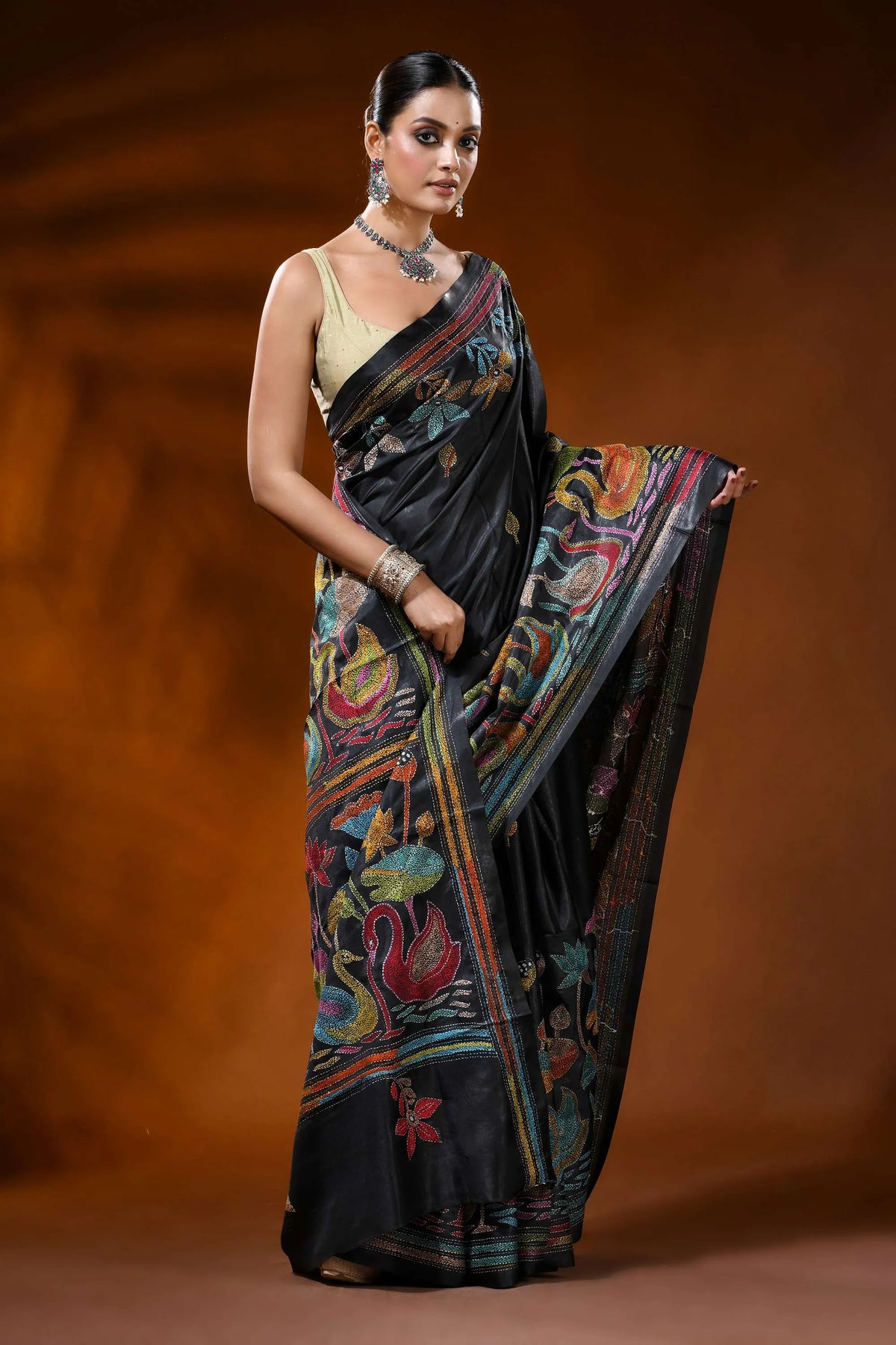 Raven black hand embroidered silk kantha saree with swan nature theme 3