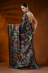 Raven black hand embroidered silk kantha saree with swan nature theme 5