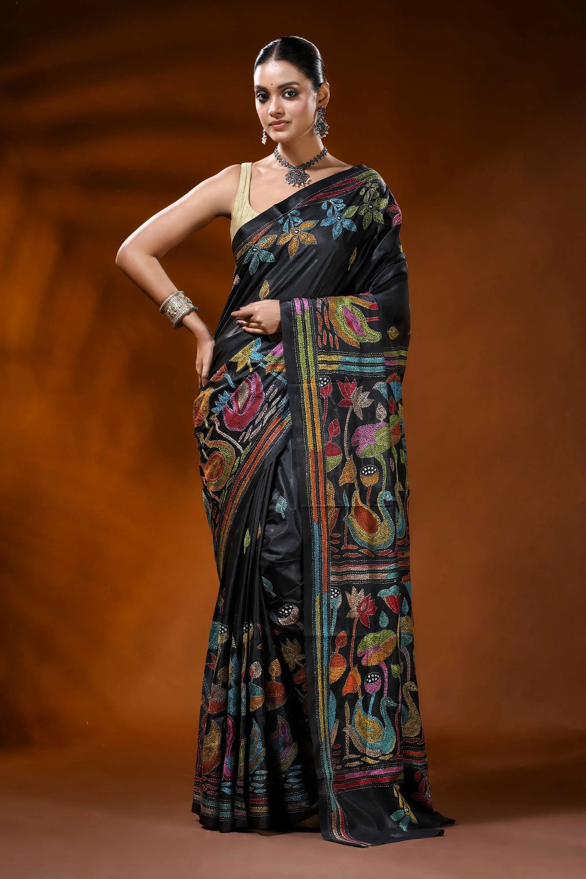 Raven black hand embroidered silk kantha saree with swan nature theme 6