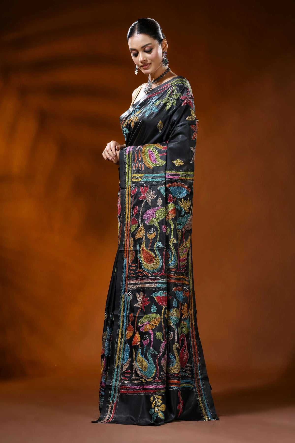 Raven black hand embroidered silk kantha saree with swan nature theme 4