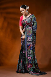 Raven black kantha embroidery silk saree with floral paisley motif 3