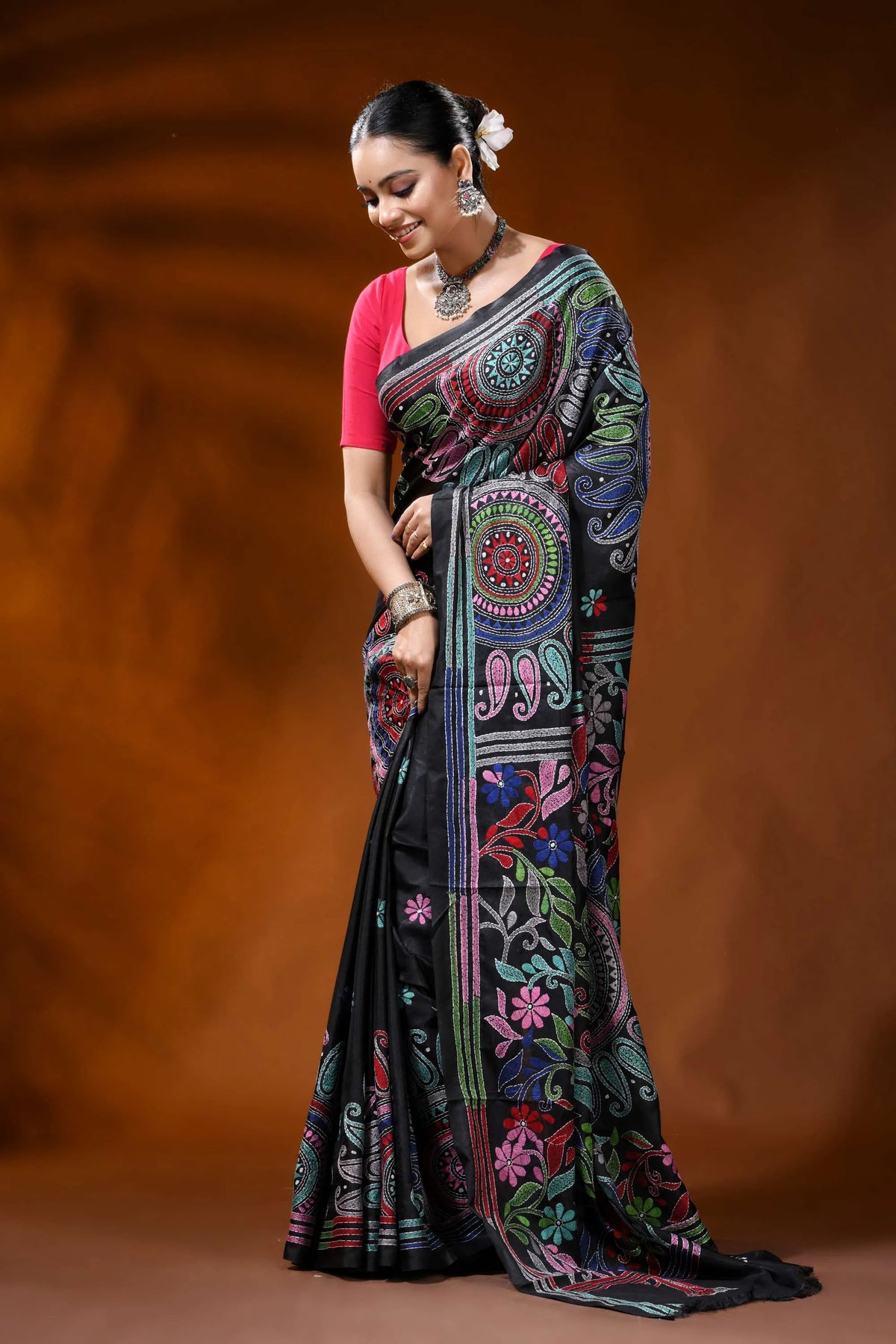 Raven black kantha embroidery silk saree with floral paisley motif 3