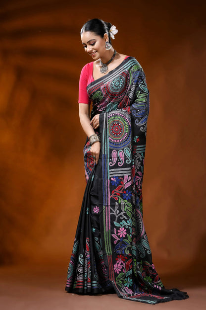 Raven black kantha embroidery silk saree with floral paisley motif 3