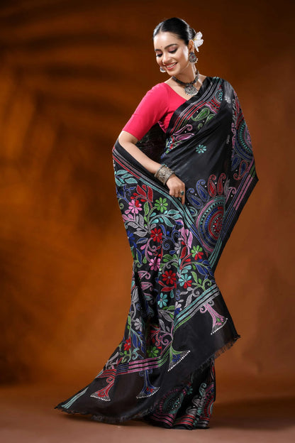 Raven black kantha embroidery silk saree with floral paisley motif 5