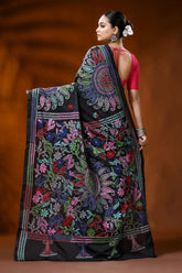 Raven black kantha embroidery silk saree with floral paisley motif 4