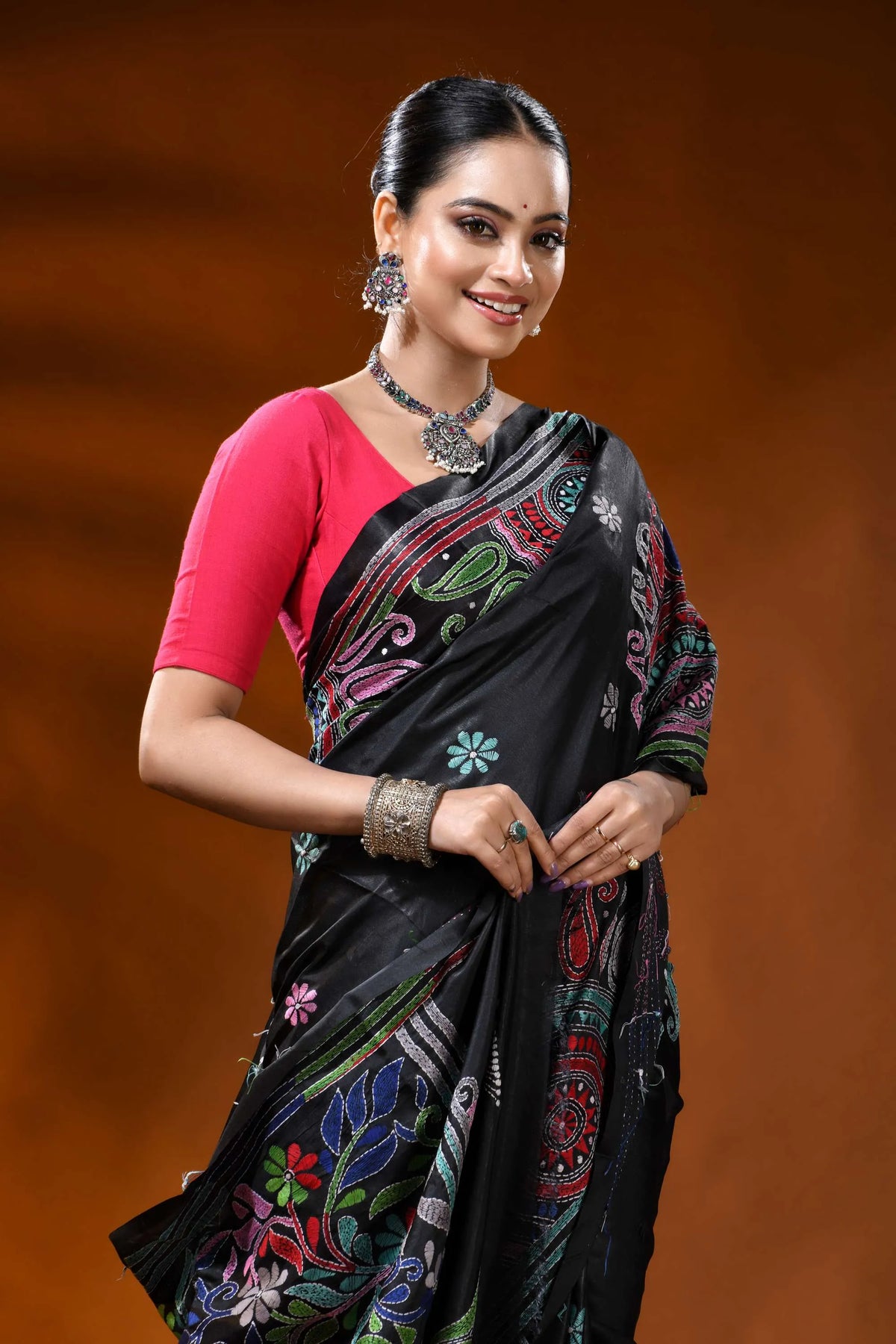 Raven black kantha embroidery silk saree with floral paisley motif 2