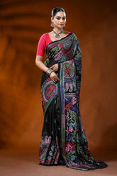 Raven black kantha embroidery silk saree with floral paisley motif 1