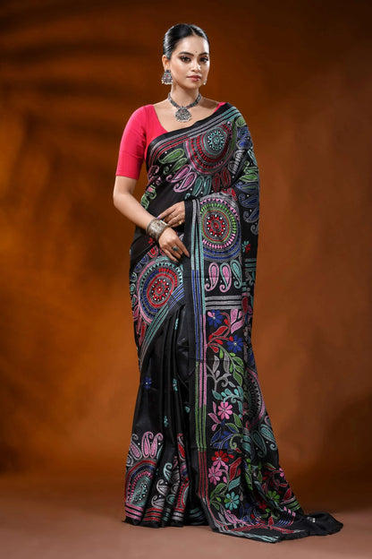 Raven black kantha embroidery silk saree with floral paisley motif 1