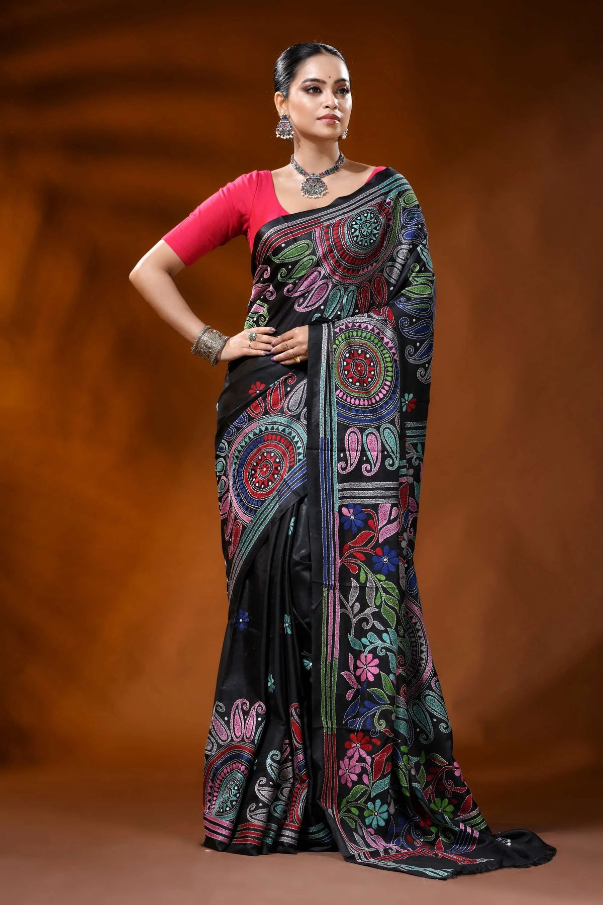 Raven black kantha embroidery silk saree with floral paisley motif 6