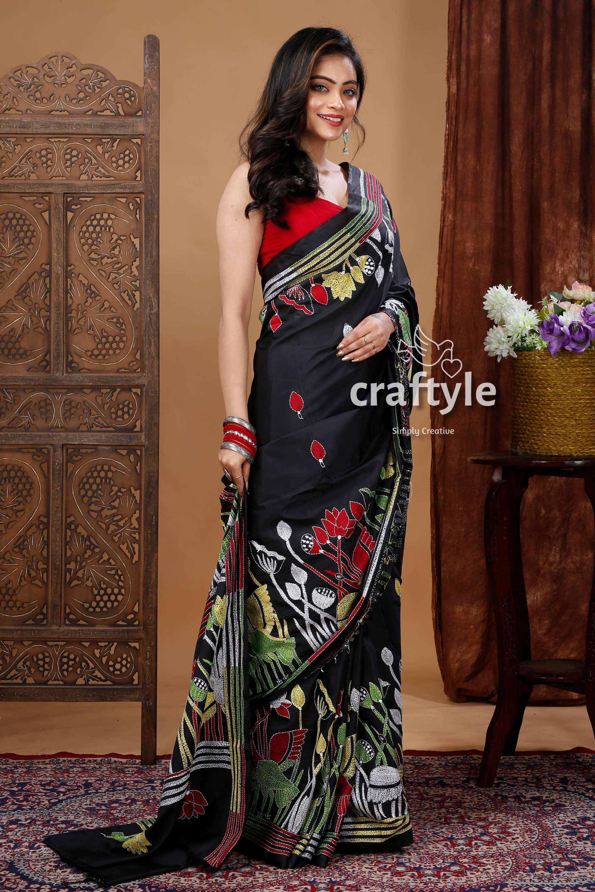 Raven Black Lotus Design Silk Kantha Stitch Saree-Craftyle