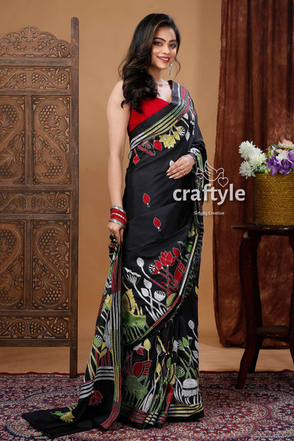 Raven Black Lotus Design Silk Kantha Stitch Saree-Craftyle